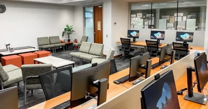 Students can study in the common areas, the ground floor computer lab & student lounge area