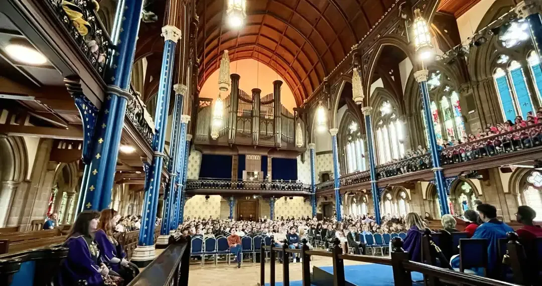 Bute Hall stunning vaulted ceilings, stained glass windows, making it a significant place for academic celebrations