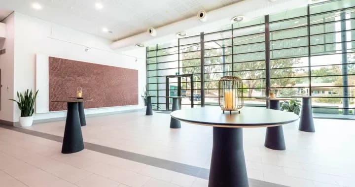 The Conference Centres Glass Foyer offers a distinguished function space open, airy atmosphere