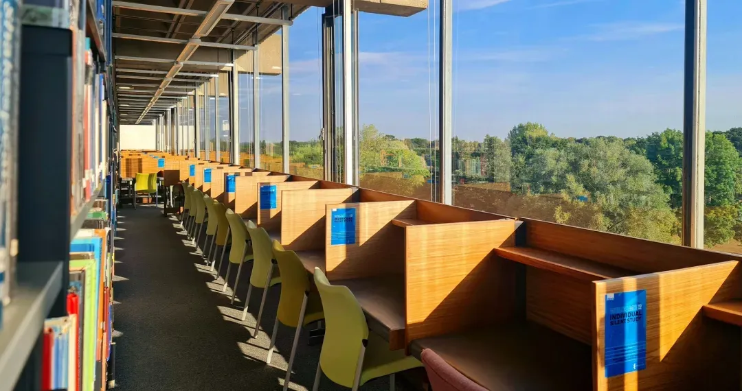 Albert Sloman Library notable for its striking architecture and views of the surrounding landscape