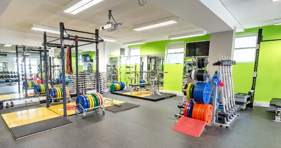 Gymnasium, features weight machines, free weights, and resistance bands for strength training