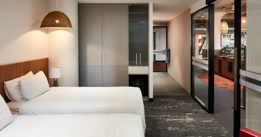 Replica high end hotel room, and adjoining bathroom, provides a practical environment for students