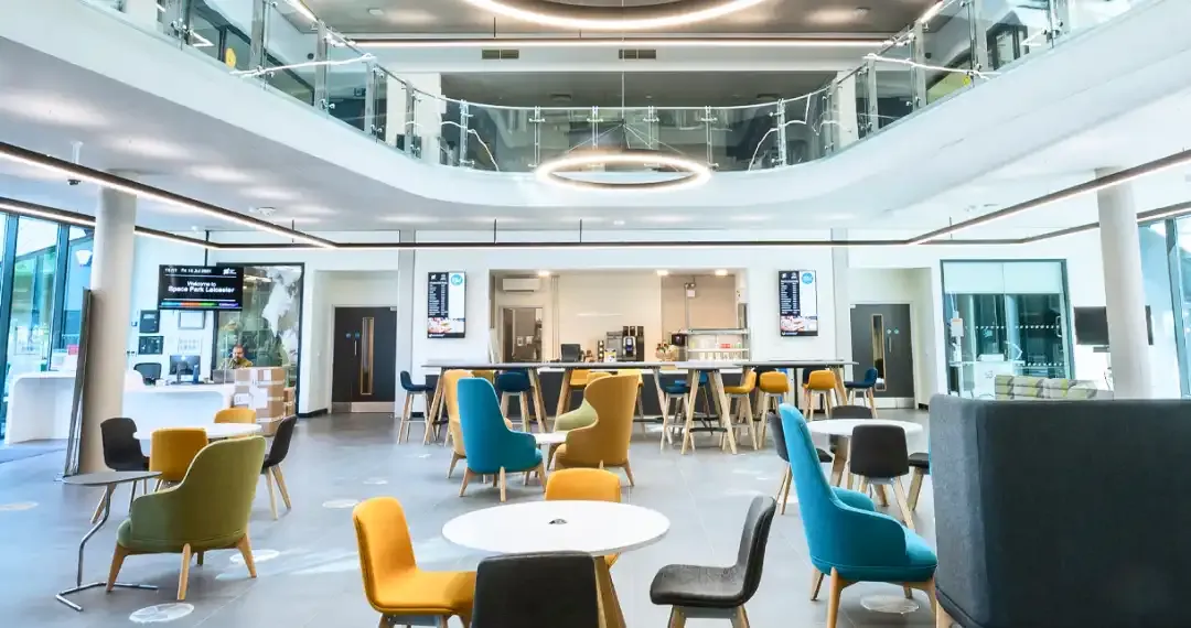 Space Park Leicester Lounge comfortable seating and meeting areas, the lounge allows individuals and groups