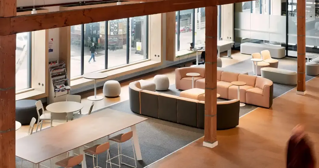 Comfortable seating where students can relax between classes or catch up on work