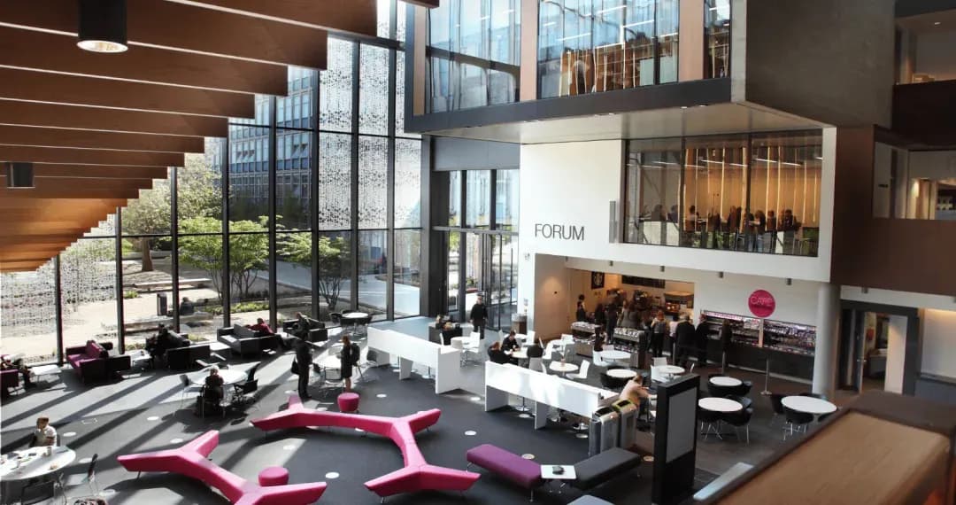 The Forum is a central hub with comfortable seating, ideal for group work or informal study