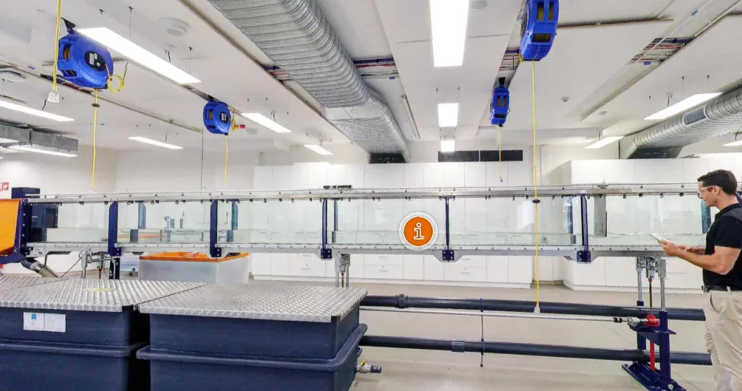 Water Dynamic Laboratory, 10-metre tilting open channel water flume, used to demonstrate principle fluid