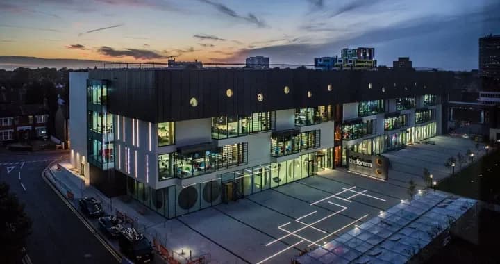 The Forum Building on the Southend Campus taken at night.