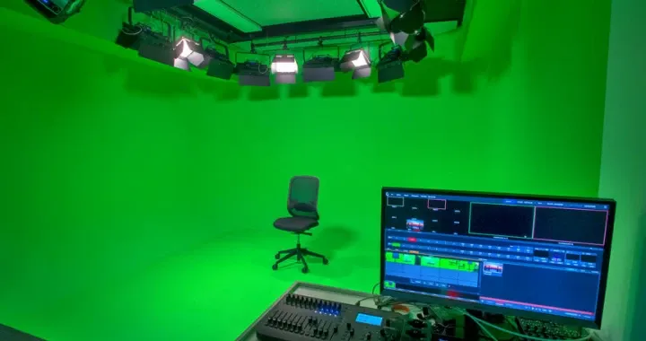 A green-screen studio linked to the newsroom and other creative production suites