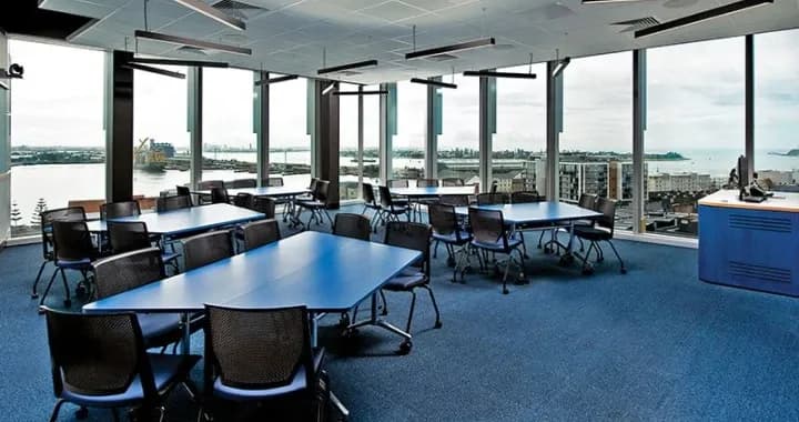 The event space has flexible furniture to accommodate versatile set up options and is fitted with a projector and screen