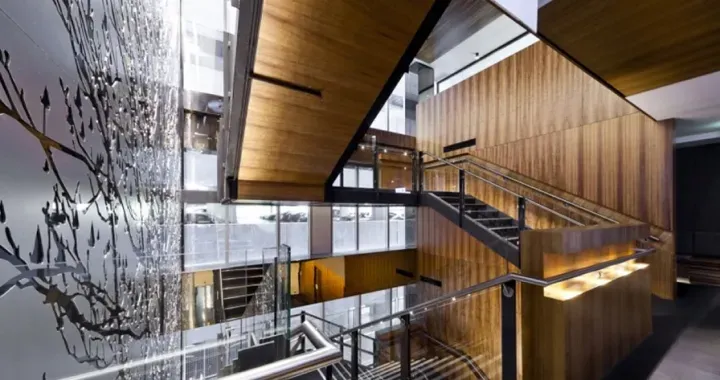 Staircase constructed of glass and stainless in the Law Chambers building.