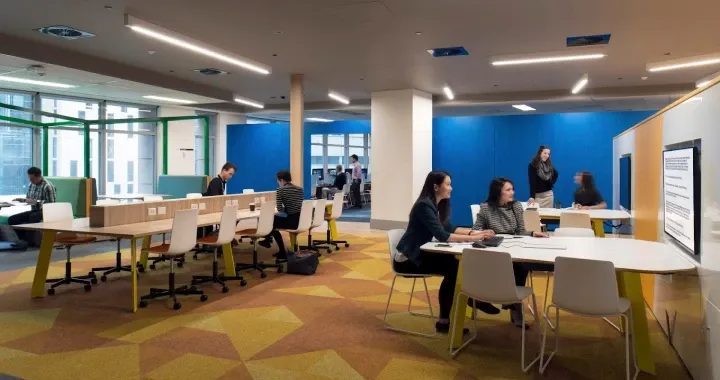 Informal collaboration spaces enable students to gather and work collectively on key concepts